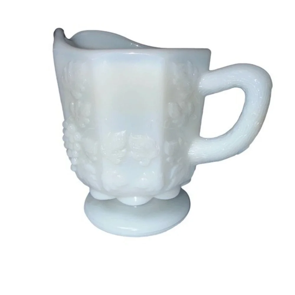 Westmoreland Milk Glass Creamer. Pitcher with Embossed Leaves and Grapes Pattern